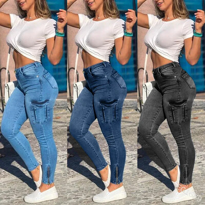 Дамски дънки Калъф Молив Панталони Джобове Cargo Denim Distressed High Waist Washing Slim Fit Zipper Fly Ankle Length Solid