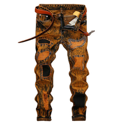 Divatos férfi vintage motoros farmernadrág (öv nélkül) személyre szabott, szakadt patchwork divatos farmer nadrág Utcai ruházat férfi