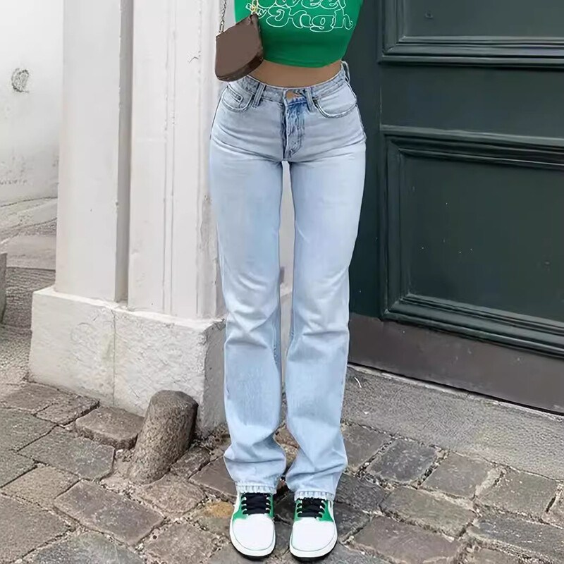 Mosó farmer farmer női egyenes nadrág zsebek magas derék, boka hossz, laza, szorongatott, tömör alkalmi alapok, 2024-es évjárat