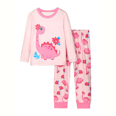2 részes aranyos rajzfilm dinoszauruszmintás kerek nyakú, hosszú ujjú nadrág pizsama szett lányoknak, kényelmes és bőrbarát hercegnő pizsama