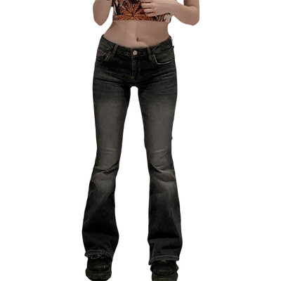 Moteriškos žemu juosmeniu tampriu platėjančiu džinsai plataus ilgio džinsai Džinsinės kelnės Įtemptos džinsinės kelnės su kišenėmis Gatvės apranga