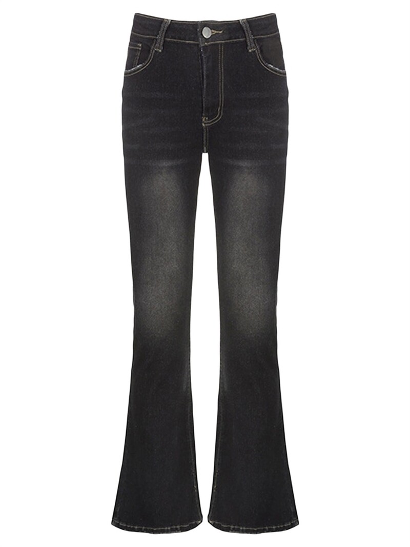 Moteriškos žemu juosmeniu tampriu platėjančiu džinsai plataus ilgio džinsai Džinsinės kelnės Įtemptos džinsinės kelnės su kišenėmis Gatvės apranga