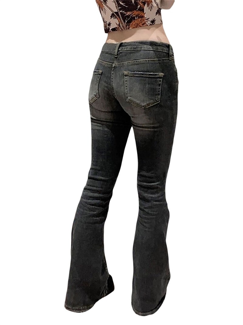 Moteriškos žemu juosmeniu tampriu platėjančiu džinsai plataus ilgio džinsai Džinsinės kelnės Įtemptos džinsinės kelnės su kišenėmis Gatvės apranga