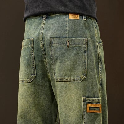 Pánske džínsy, široké nohavice, rovné, voľný strih, modré, zelené džínsové nohavice, streetwear, módne vrecká, vintage pánske oblečenie