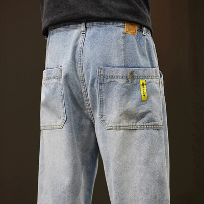 Pánske džínsy, široké nohavice, rovné, voľný strih, modré, zelené džínsové nohavice, streetwear, módne vrecká, vintage pánske oblečenie