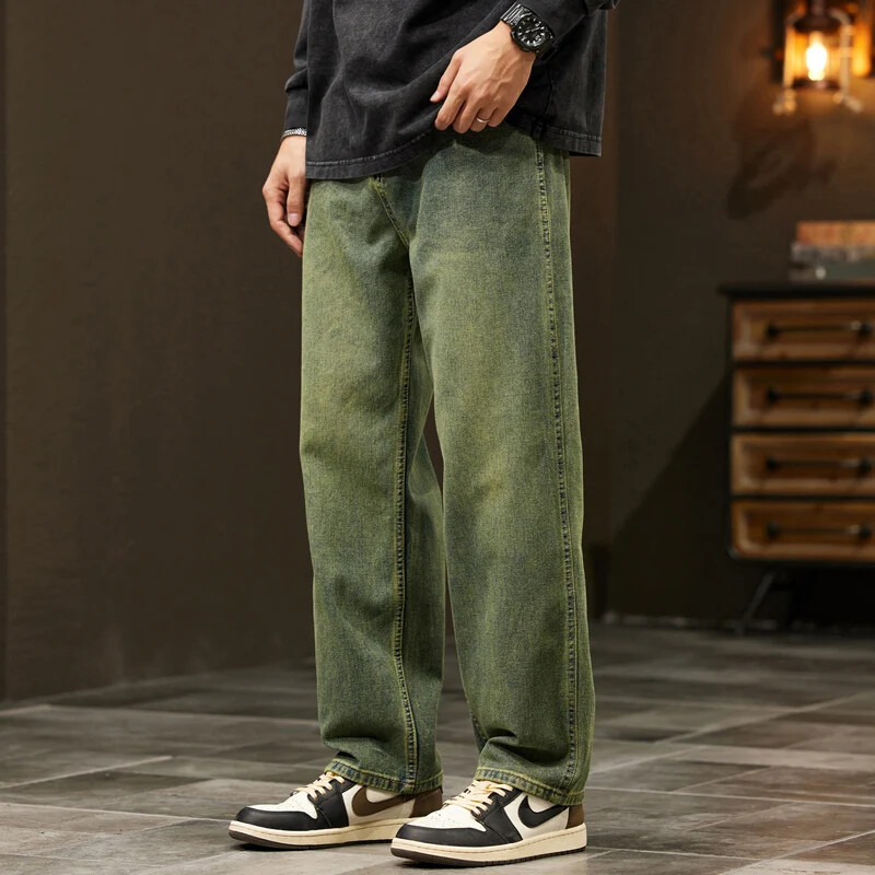 Pánske džínsy, široké nohavice, rovné, voľný strih, modré, zelené džínsové nohavice, streetwear, módne vrecká, vintage pánske oblečenie