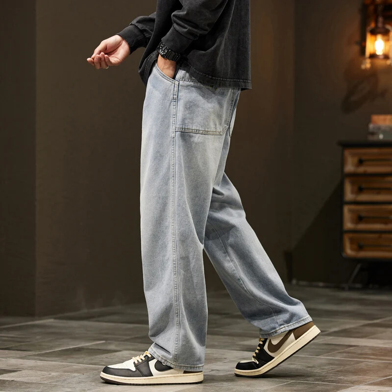 Pánske džínsy, široké nohavice, rovné, voľný strih, modré, zelené džínsové nohavice, streetwear, módne vrecká, vintage pánske oblečenie