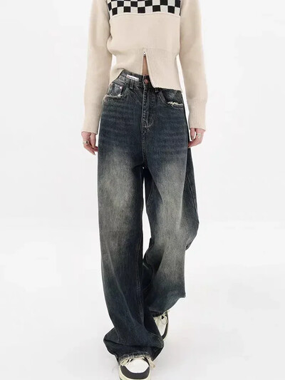 HOUZHOU Harajuku Y2K táskás farmer Női utcai ruházat Retro divat Őszi magas derekú nadrág Bő, széles szárú farmer nadrág női