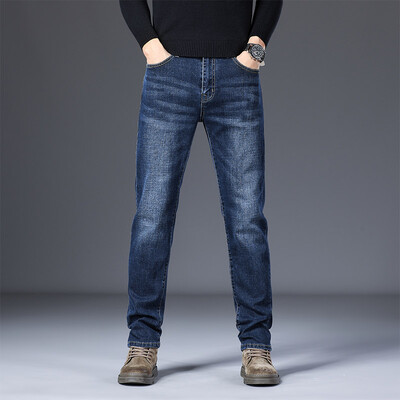 Férfi sztreccs farmer egyenes szárú derékközép nadrág divatos és egyszerű multifunkcionális és kopásálló üzleti alkalmi nadrág