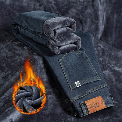 Winter Washed Classic Retro Fleece Ζεστό ίσιο τζιν Ανδρικό Stretch Slim Εφαρμογή τζιν παντελόνι Βαμβακερό χοντρό βελούδο casual παντελόνι