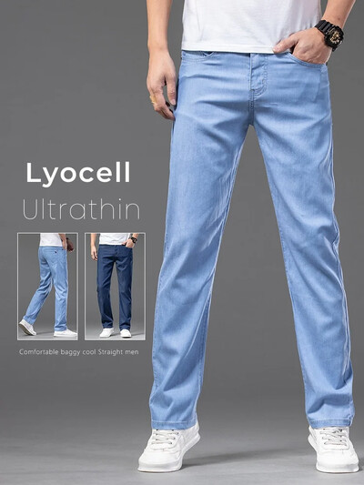 Vasaras īpaši plāni vīriešu brīvi džinsi Lyocell Ice Silk Fashion Ikdienas biznesa džinsu bikses Straight Stretch vīriešu bikses