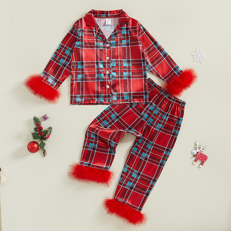Tipegő gyerekek Kislány karácsonyi pizsama szettek szatén Mikulás/kockás mintás hosszú ujjú, toll díszítő ingek nadrágok hálóruha