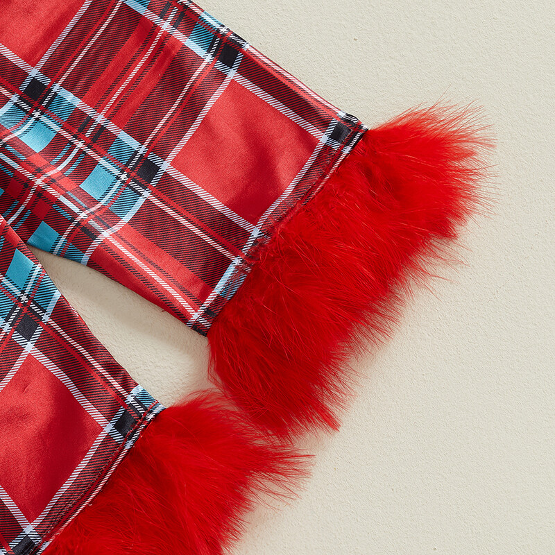 Tipegő gyerekek Kislány karácsonyi pizsama szettek szatén Mikulás/kockás mintás hosszú ujjú, toll díszítő ingek nadrágok hálóruha