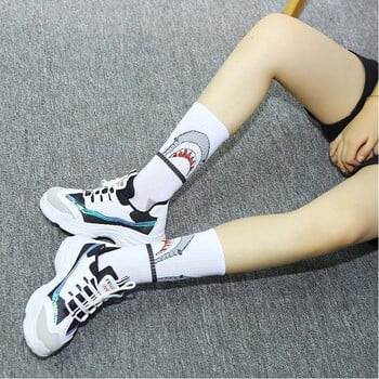 Модни хип-хоп чорапи Shark Мъжки дълги чорапи Cartoon Hiphop Street Sport Skateboard Black White Crew Socks