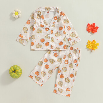 2024-05-24 Lioraitiin Kids Girls Halloween Pijamas Set, μακρυμάνικο μπλουζάκι με στάμπα κολοκύθας με ελαστικό παντελόνι μέσης Sleepwear