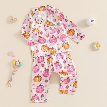 Pudcoco Little Girls Σετ πιτζάμες Halloween Satin, Μπλούζες με μακρυμάνικο τύπωμα κολοκύθας ελαστικό παντελόνι μέσης σετ 2 τεμαχίων 1-5T