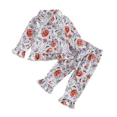 Mažos mergaitės Helovino pižamos komplektas su moliūgų raštu ilgomis rankovėmis, užsegami sagomis, viršutiniai viršutiniai drabužiai su rauktomis kelnėmis miegui 6M-6T