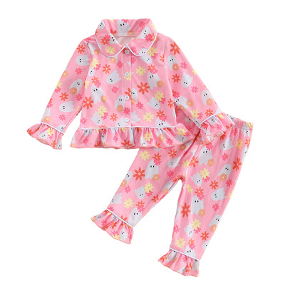 Mažos mergaitės Helovino pižamos komplektas su moliūgų raštu ilgomis rankovėmis, užsegami sagomis, viršutiniai viršutiniai drabužiai su rauktomis kelnėmis miegui 6M-6T