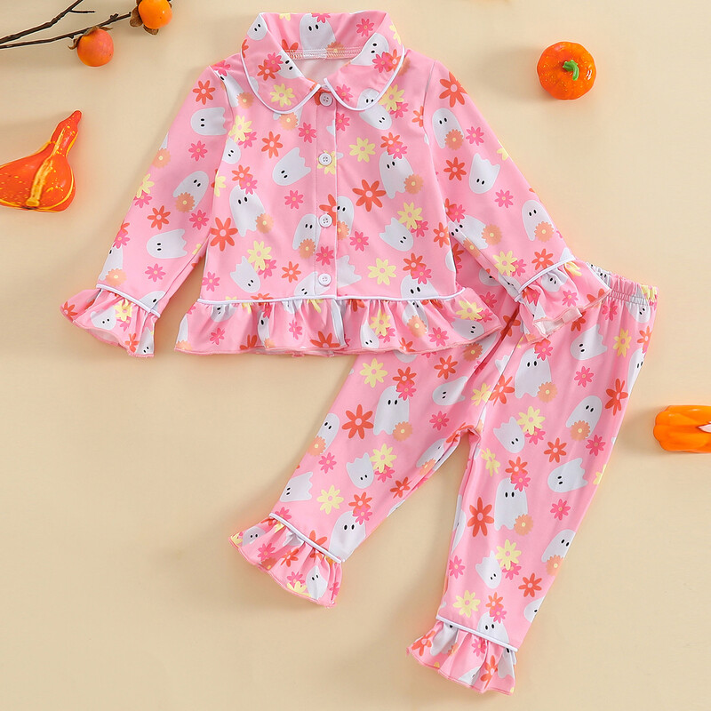 Mažos mergaitės Helovino pižamos komplektas su moliūgų raštu ilgomis rankovėmis, užsegami sagomis, viršutiniai viršutiniai drabužiai su rauktomis kelnėmis miegui 6M-6T