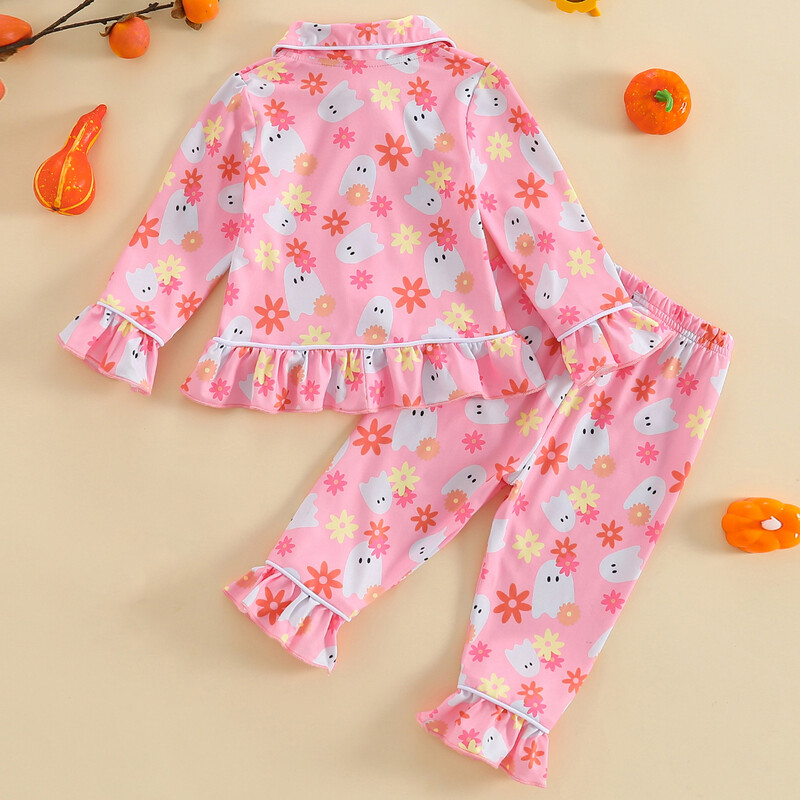 Mažos mergaitės Helovino pižamos komplektas su moliūgų raštu ilgomis rankovėmis, užsegami sagomis, viršutiniai viršutiniai drabužiai su rauktomis kelnėmis miegui 6M-6T