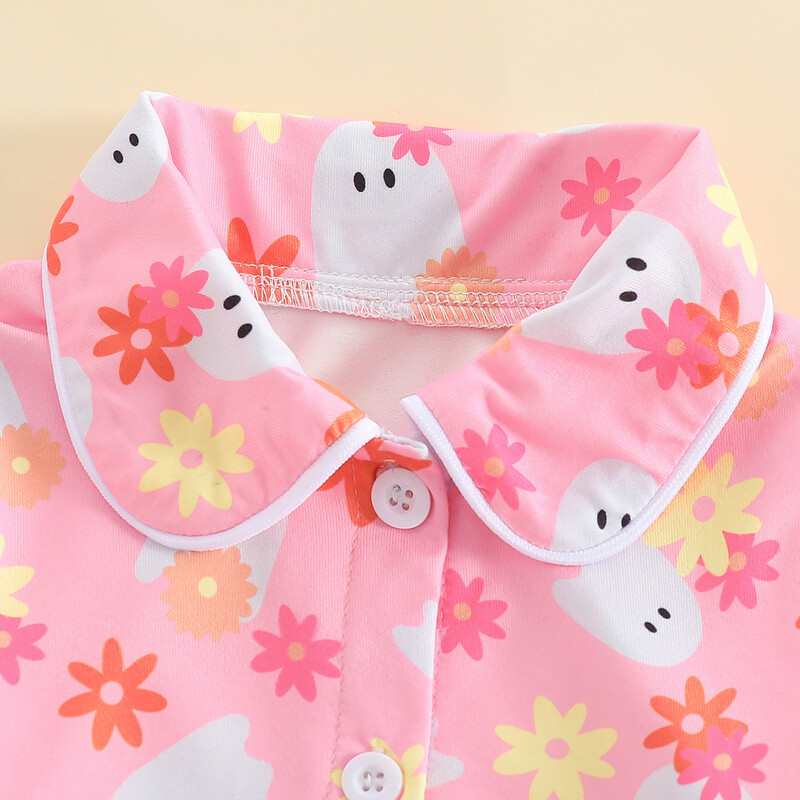 Mažos mergaitės Helovino pižamos komplektas su moliūgų raštu ilgomis rankovėmis, užsegami sagomis, viršutiniai viršutiniai drabužiai su rauktomis kelnėmis miegui 6M-6T