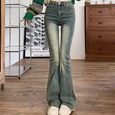 2024 Dámske vintage streetwear džínsy s vysokým pásom, dámske elastické grunge zvonové nohavice, dievčenské módne modré džínsové nohavice