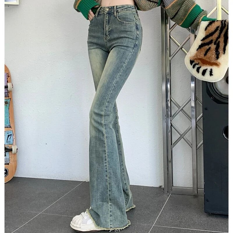 2024 Dámske vintage streetwear džínsy s vysokým pásom, dámske elastické grunge zvonové nohavice, dievčenské módne modré džínsové nohavice