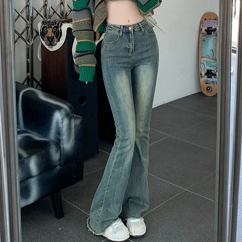 2024 Dámske vintage streetwear džínsy s vysokým pásom, dámske elastické grunge zvonové nohavice, dievčenské módne modré džínsové nohavice