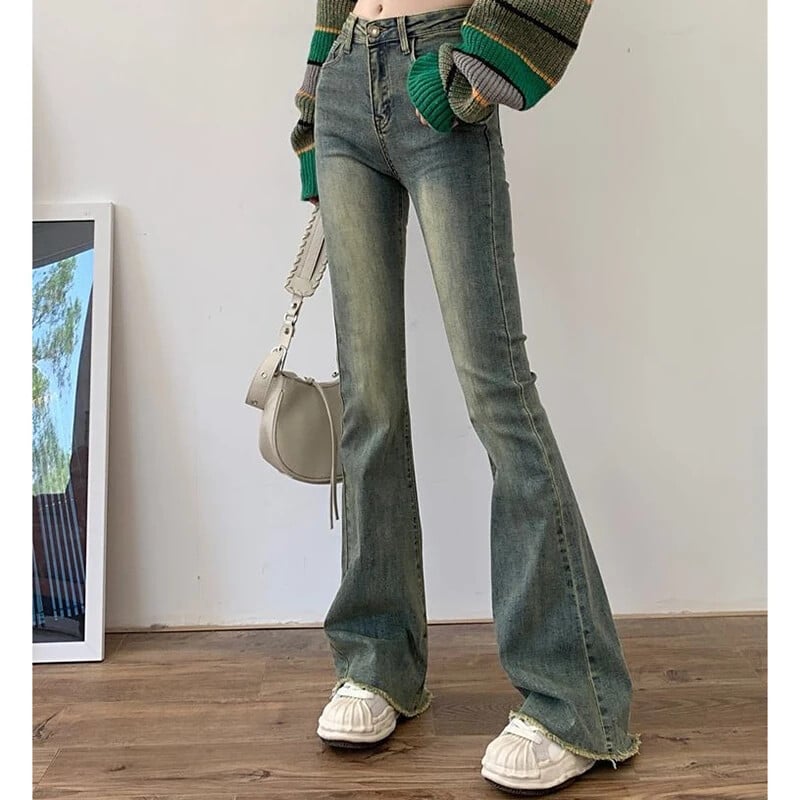 2024 Dámske vintage streetwear džínsy s vysokým pásom, dámske elastické grunge zvonové nohavice, dievčenské módne modré džínsové nohavice