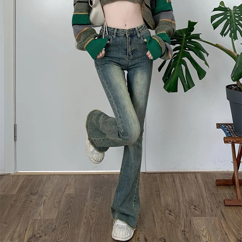 2024 Dámske vintage streetwear džínsy s vysokým pásom, dámske elastické grunge zvonové nohavice, dievčenské módne modré džínsové nohavice