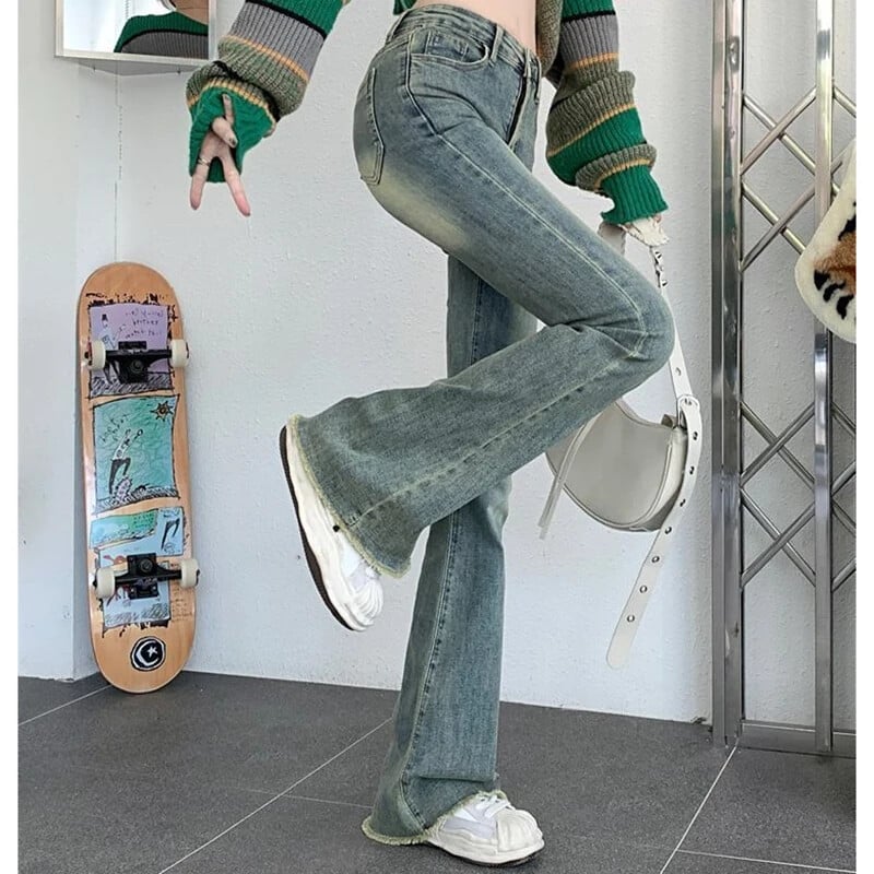 2024 Dámske vintage streetwear džínsy s vysokým pásom, dámske elastické grunge zvonové nohavice, dievčenské módne modré džínsové nohavice