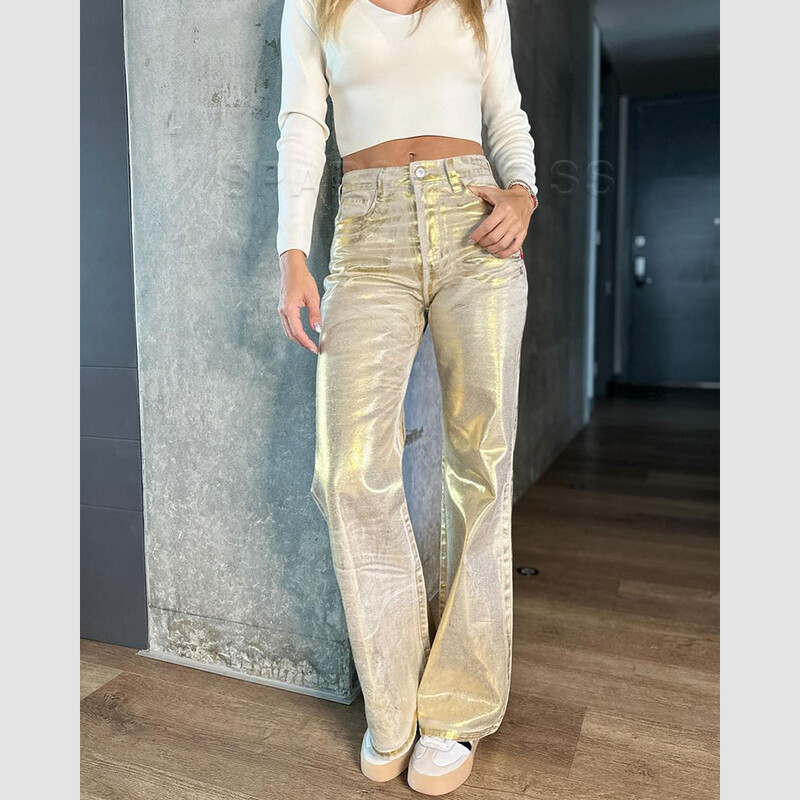 Metalické džínsy s povrchovou úpravou Y2K Advanced Sense, ležérne, široké nohavice, dámske rovné džínsy, voľné, hip-hopové, streetwear, nadrozmerné džínsové nohavice