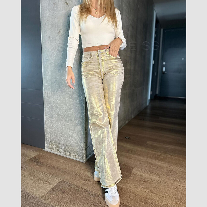 Metalické džínsy s povrchovou úpravou Y2K Advanced Sense, ležérne, široké nohavice, dámske rovné džínsy, voľné, hip-hopové, streetwear, nadrozmerné džínsové nohavice