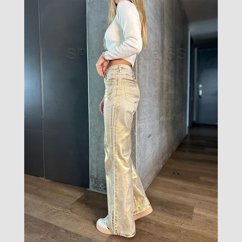 Metalické džínsy s povrchovou úpravou Y2K Advanced Sense, ležérne, široké nohavice, dámske rovné džínsy, voľné, hip-hopové, streetwear, nadrozmerné džínsové nohavice