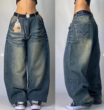 Дънки Retro Street Jeans New High Street Hip-Hop Pocket Свободни широки панталони Y2K Harajuku Готически дънкови панталони с висока талия Tide