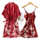 Seturi de rochii de rochie kimono din mătase artificială burgundy pentru femei, cămașă de noapte și halat de baie, cu imprimeu sexy, cămașă de noapte, pijamă de vară