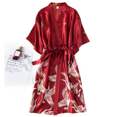 Seturi de rochii de rochie kimono din mătase artificială burgundy pentru femei, cămașă de noapte și halat de baie, cu imprimeu sexy, cămașă de noapte, pijamă de vară