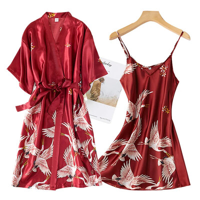 Seturi de rochii de rochie kimono din mătase artificială burgundy pentru femei, cămașă de noapte și halat de baie, cu imprimeu sexy, cămașă de noapte, pijamă de vară