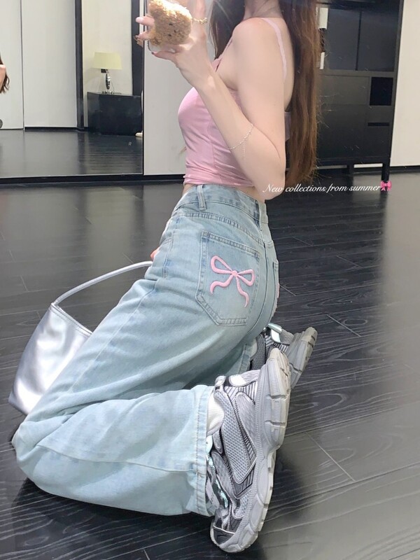 HOUZHOU Saldūs mėlyni džinsai moterims su lanku siuvinėti tiesios džinsinės kelnės Y2k vintažinio korėjietiško stiliaus Baggy džinsai aukštu juosmeniu, kasdieniai