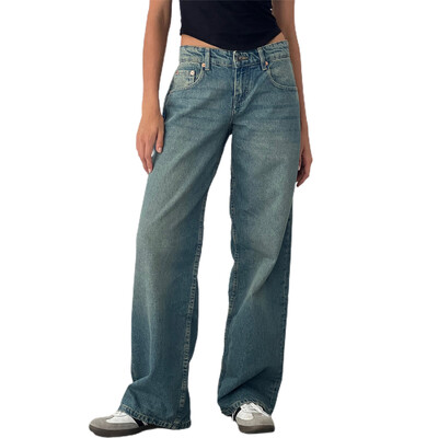 Blugi casual pentru femei cu talie joasă Pantaloni largi din denim cu picioare drepte, cu buzunare, pentru primăvara de vară