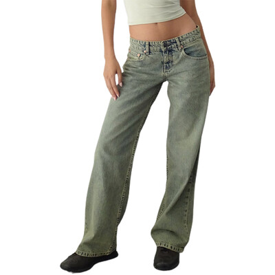 Blugi casual pentru femei cu talie joasă Pantaloni largi din denim cu picioare drepte, cu buzunare, pentru primăvara de vară