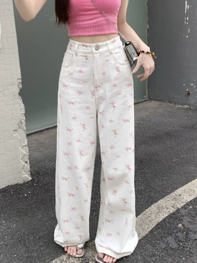 Fehér virágos farmernadrág nőknek Egyszerű magas derekú Y2k aranyos fiatalos tavaszi ősz népszerű ünnepi laza alap elegáns esztétikai felmosás