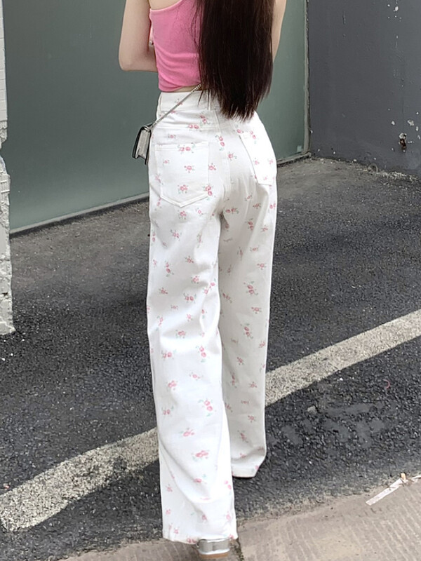 Fehér virágos farmernadrág nőknek Egyszerű magas derekú Y2k aranyos fiatalos tavaszi ősz népszerű ünnepi laza alap elegáns esztétikai felmosás