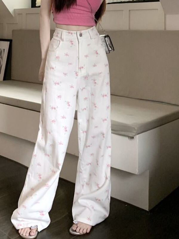 Fehér virágos farmernadrág nőknek Egyszerű magas derekú Y2k aranyos fiatalos tavaszi ősz népszerű ünnepi laza alap elegáns esztétikai felmosás