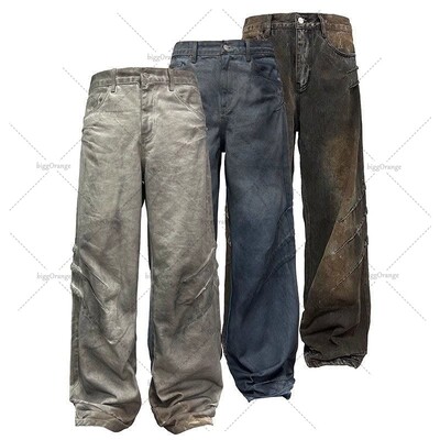 Gótikus punk stílusú, karcos, mosott, táskás farmernadrág Férfi Y2K Harajuku Retro laza alkalmi egyenes nadrág High Street divatos utcai viselet