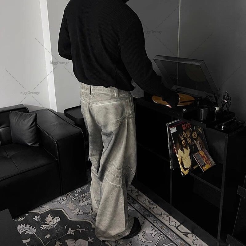 Pánske džínsy s poškriabaným praním v gotickom punkovom štýle, Harajuku, retro voľné ležérne rovné nohavice, streetwear