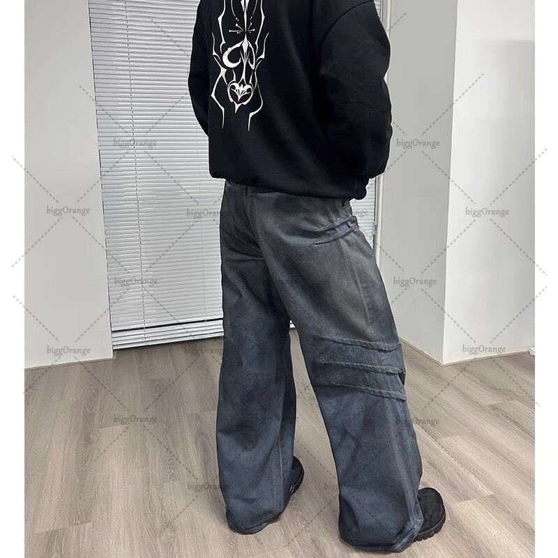 Pánske džínsy s poškriabaným praním v gotickom punkovom štýle, Harajuku, retro voľné ležérne rovné nohavice, streetwear
