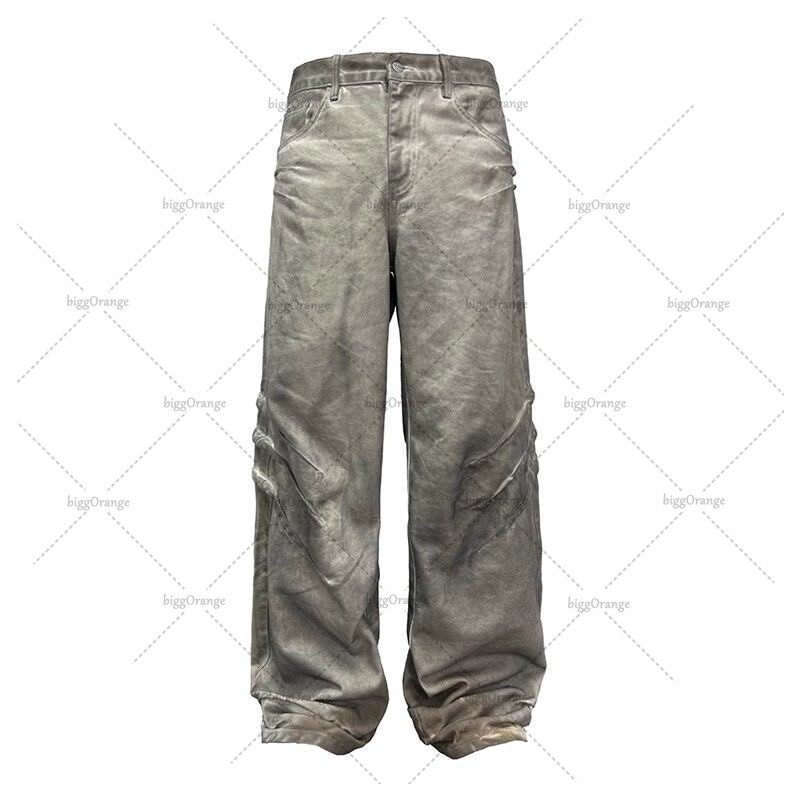 Pánske džínsy s poškriabaným praním v gotickom punkovom štýle, Harajuku, retro voľné ležérne rovné nohavice, streetwear