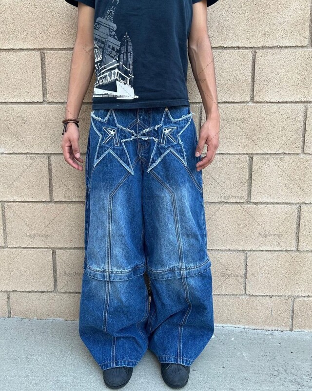 2024 m. madingos „Streetwear“ kelnės, amerikietiškos retro spalvos, siuvinėtos, išskalbtos „skalbti“ suspausti džinsai, vyriškos gotikos „punk“ plačios tiesios kelnės