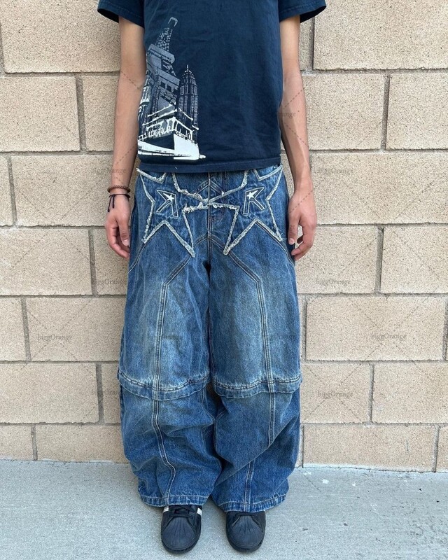 2024 m. madingos „Streetwear“ kelnės, amerikietiškos retro spalvos, siuvinėtos, išskalbtos „skalbti“ suspausti džinsai, vyriškos gotikos „punk“ plačios tiesios kelnės